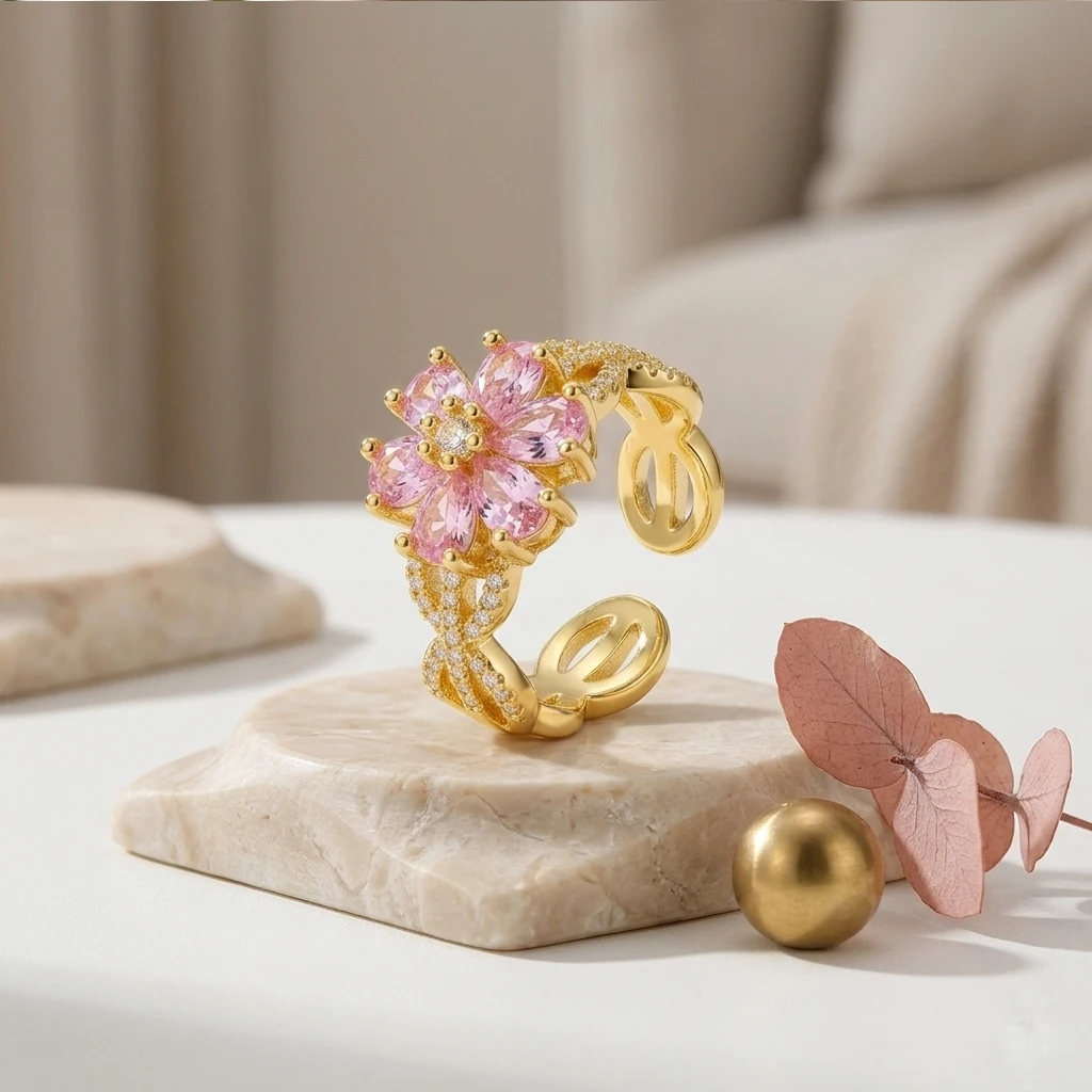 Luxuriöser ovaler Ring mit rosa CZ und mehrfarbigen Edelsteinen, vergoldeter Statement-Cocktailring, eleganter Damenschmuck, Geschenk zum Jahrestag – Detail 12