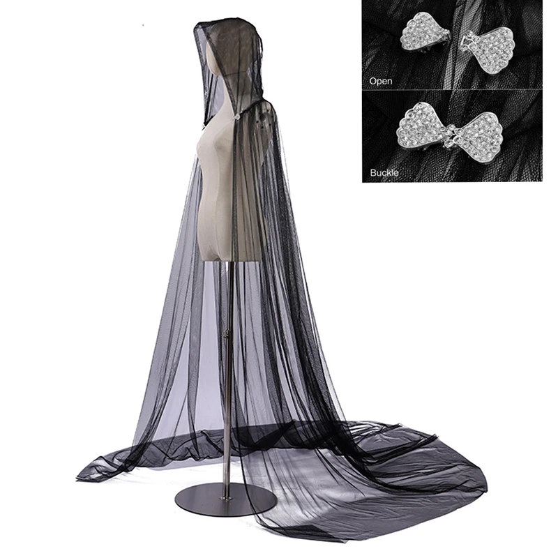 Horror Party Halloween Costume Unisex Hooded Tulle Cape Cloak White Black Wedding Bridals Witch Maxi Floor Length Mesh Cloaks