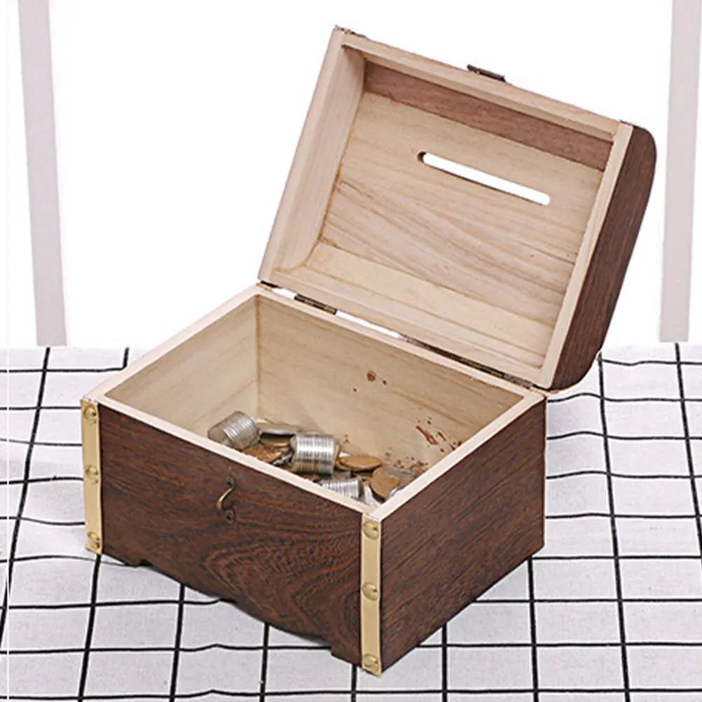 Wooden Treasure Chest Coin Bank H made Retro Storage Container Kids Piggy Small Size Wood Money Case Lock