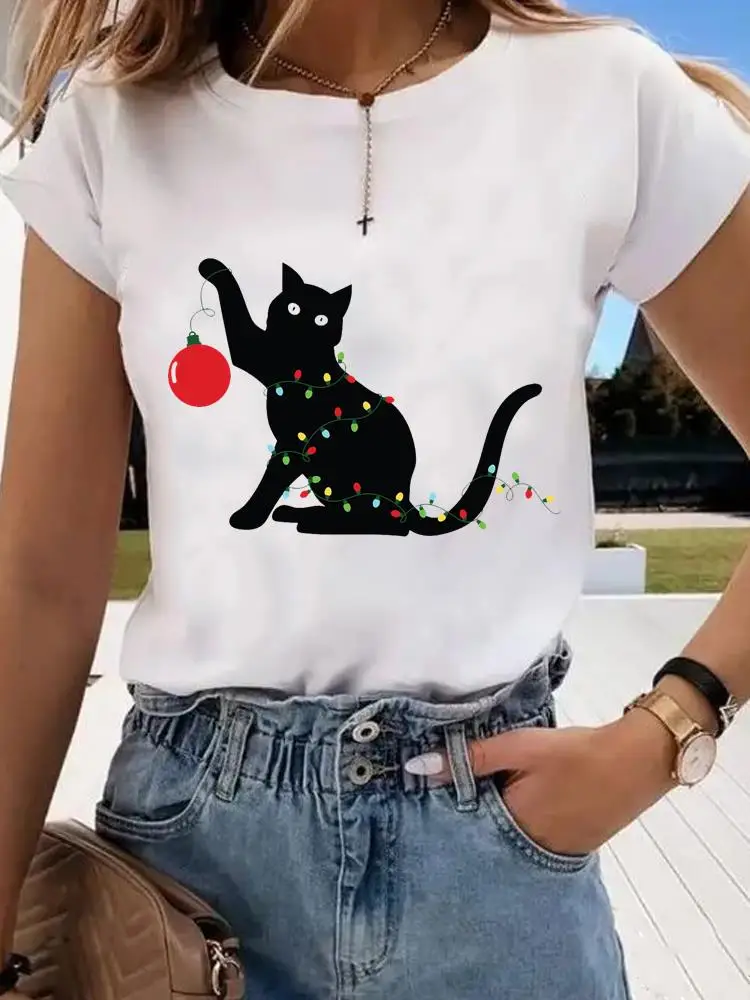 

Cat Cartoon 90s Trend Print Women Tee Christmas Holiday Top Fashion Lady New Year Shirt Clothing Clothes Graphic T-shirts