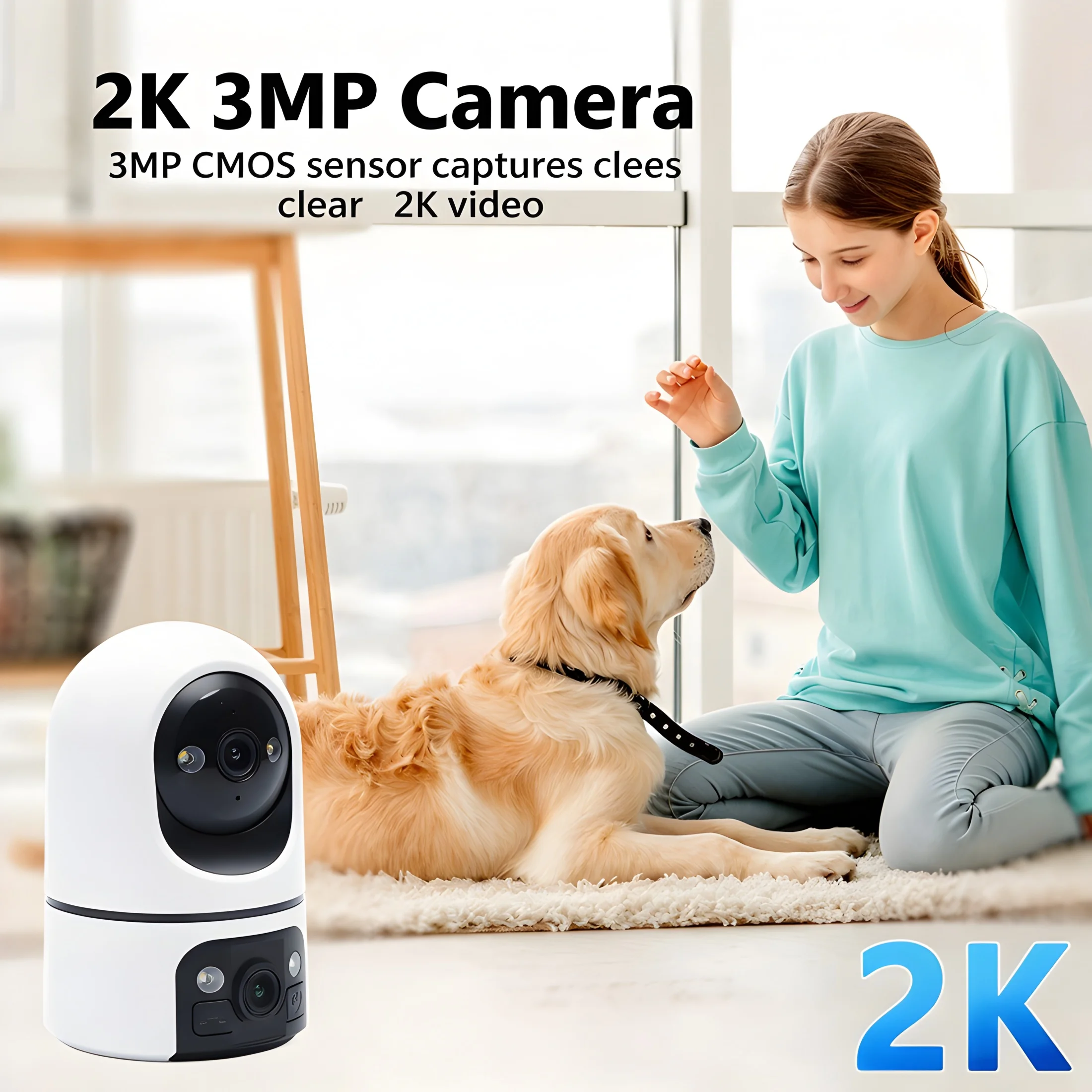 Smart Indoor Security Camera with Dual Lens 2K 3MP PTZ Color Night Vision Human Tracking Two-Way Audio Cloud And TF Card Storage