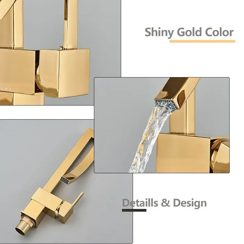 Luxury Bathroom Brass Waterfall Sink Water Faucet Mixer Shiny Gold Toilet Basin Faucet Cold Hot Rotation Mixer Crane Taps