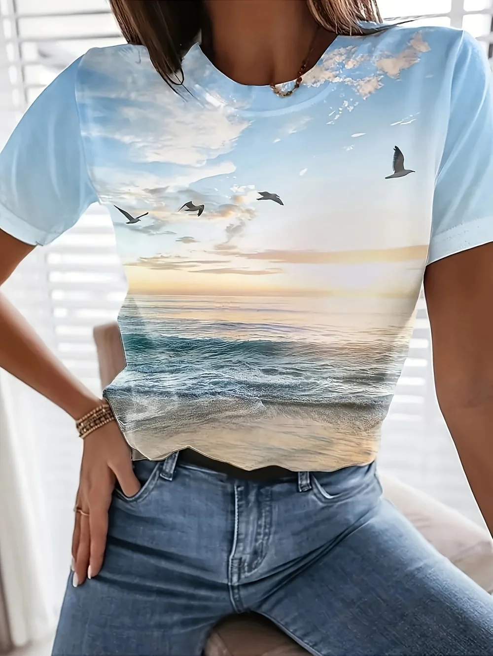 Summer Women's 3D Print T-Shirts Seagull Graphics Cute Animal Short Sleeves Top Round Neck Tees Casual Fashion Women's Clothing