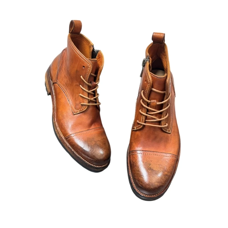 Botas de cuero de caballo lavadas de industria pesada, botas de trabajo Vintage, botas para hombres, botas altas de estilo de piel de vaca, botas marrones y negras AD1527