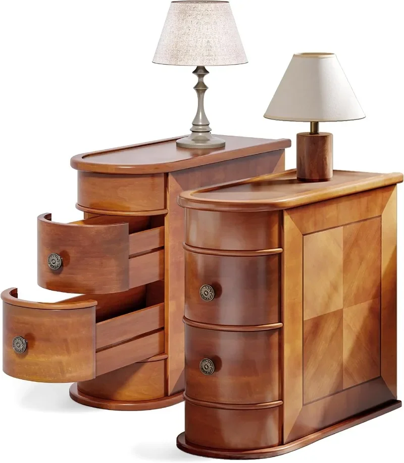 LITTLE TREE End Table Set of 2, No Assembly Required Wood End Table with 2 Drawers, Sofa Side Table for Living Room, VintageSlim
