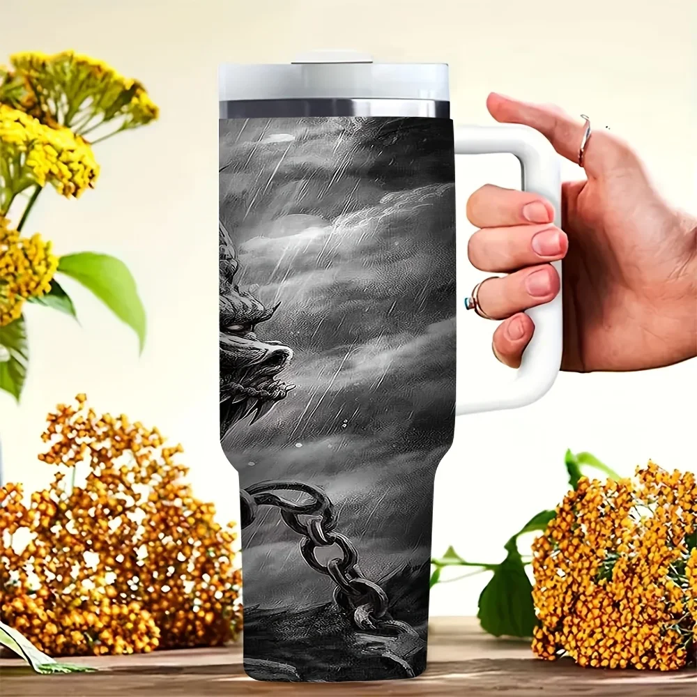 40Oz Tumbler with Handle, Cool Dark Dragon Graphic Print, Ideal for Dragon Lovers, Suitable for All Seasons, Perfect for Outdoor Daily Use, Fits Both Hot And Cold Drinks