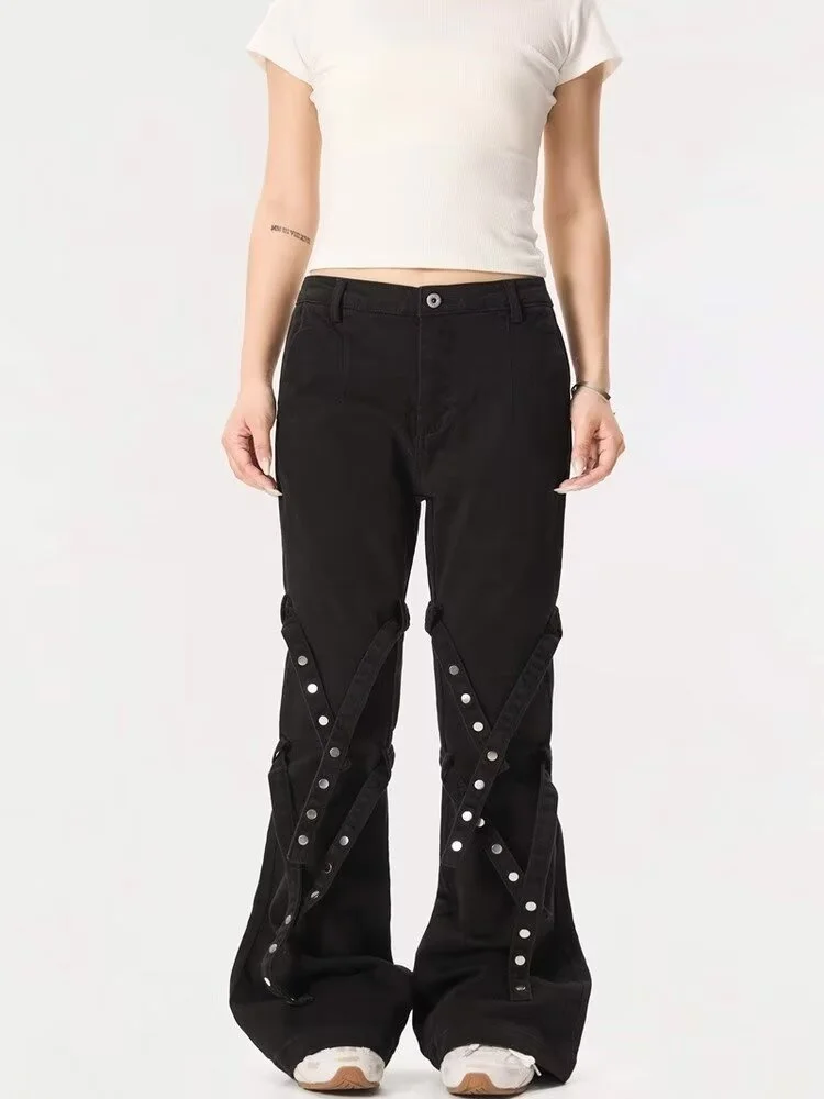 2025 Trend Y2K Streetwear Strap Rivet Design Black Slim Women's Jeans Pants For Woman Clothing Gothic Cotton Lady Long Trousers