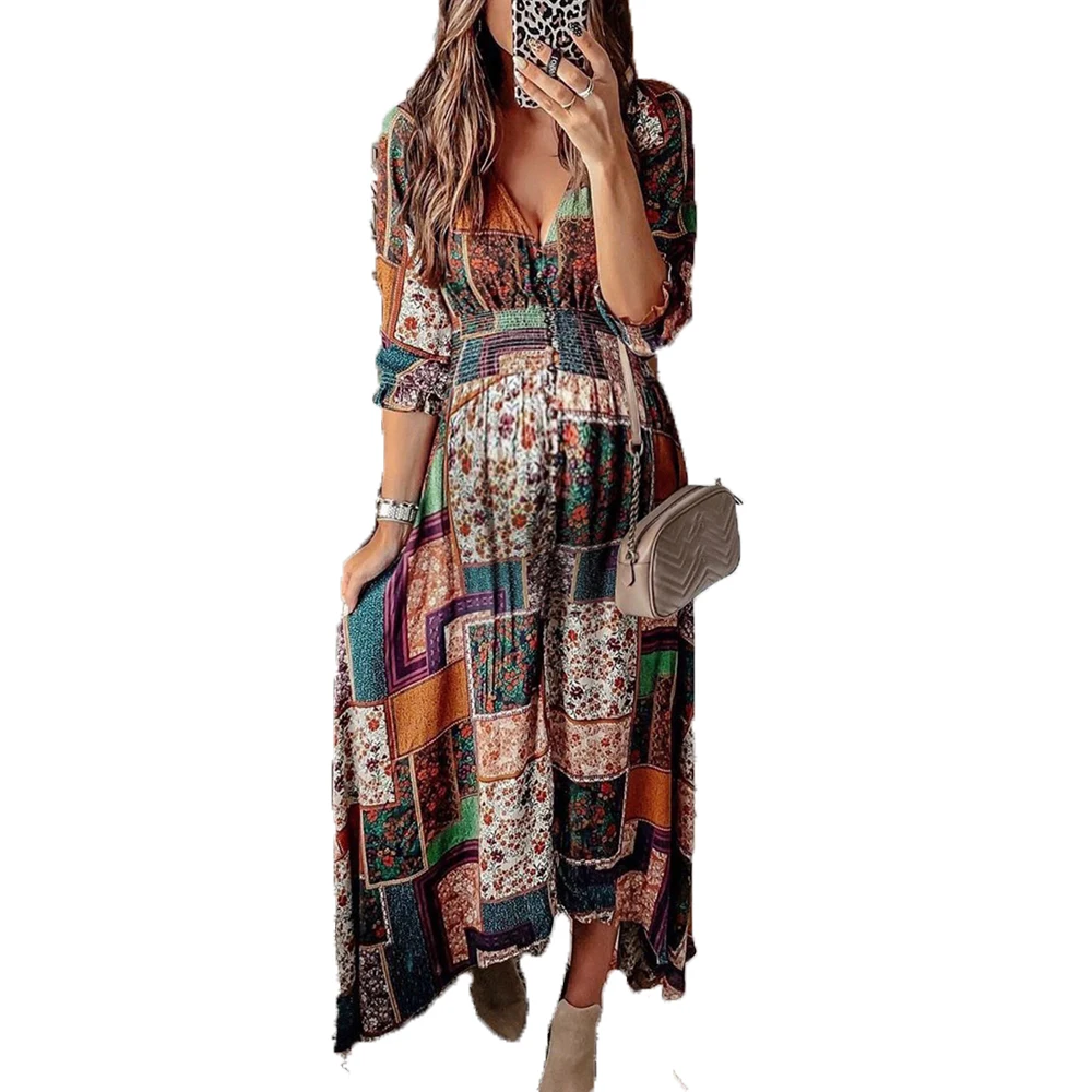 فستان شاطئ للأمهات لالتقاط الصور بوهو مرقع بأكمام طويلة فستان ماكسي برقبة على شكل V ملابس الحمل ملابس استحمام الطفل للتصوير الفوتوغرافي #5