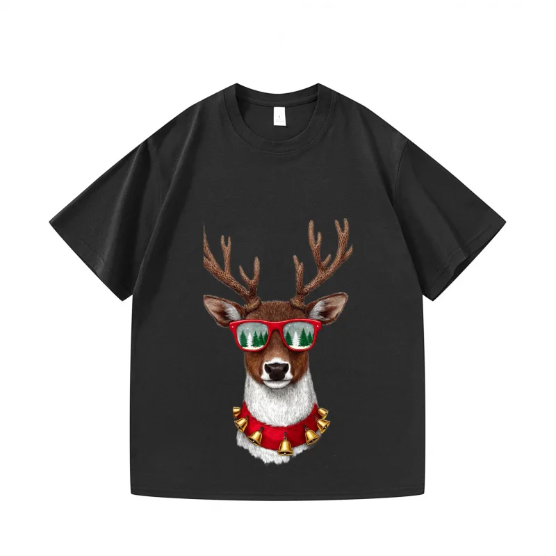 

Мужская футболка, черная рождественская футболка с принтом оленя, праздничные красные очки, рождественский подарок, праздничный сезон, футболка