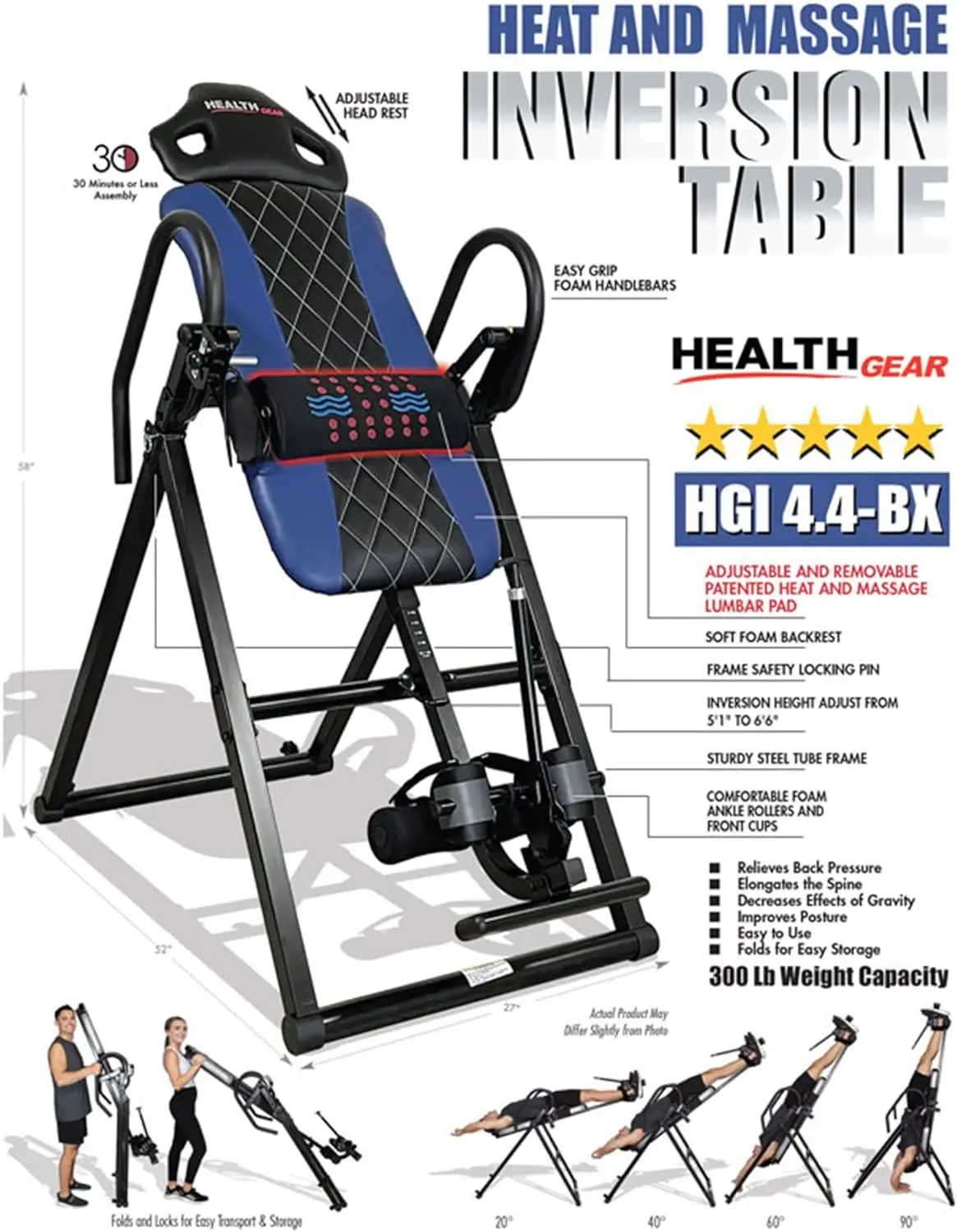 HGI 4.4-Table de massage par chaleur et vibration avancée, table d'inversion avec système de sécurité et de rinçage Danse eté