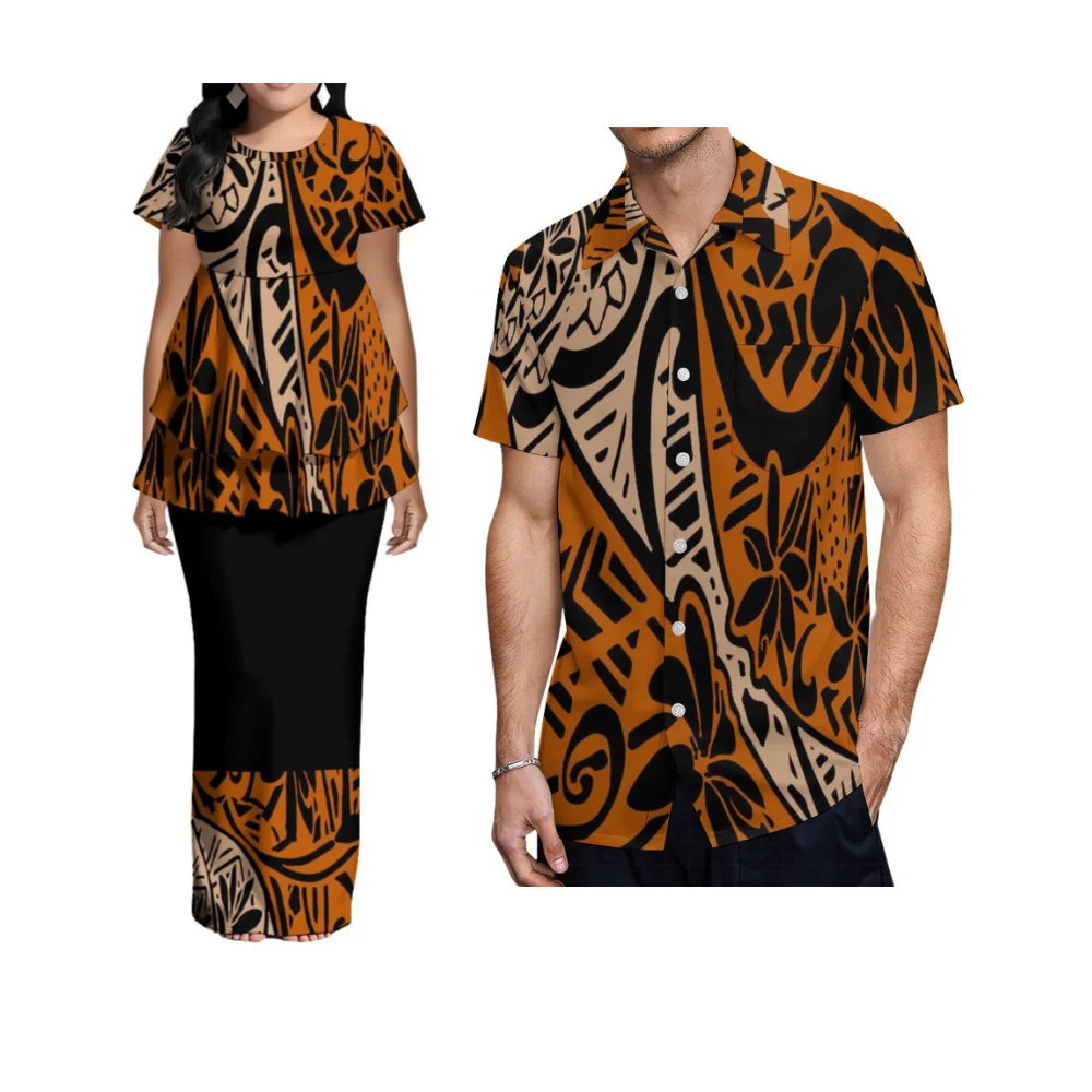 Double-Layered Hem Design Women'S Short-Sleeved Fitted Puletasi Set Skirt Customizable Wholesale Polynesian Couple Outfit