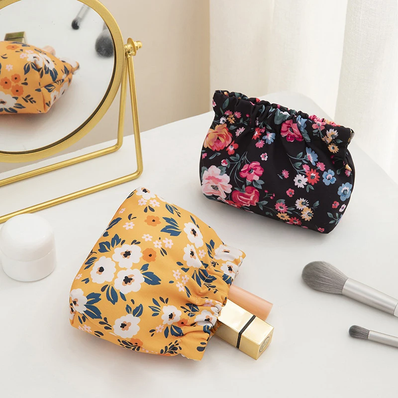 Bolsa de cosméticos con bolsillo Floral, bolsa elástica de tela Oxford con cierre automático, monedero para maquillaje, lápiz labial, auriculares, organizador de joyas