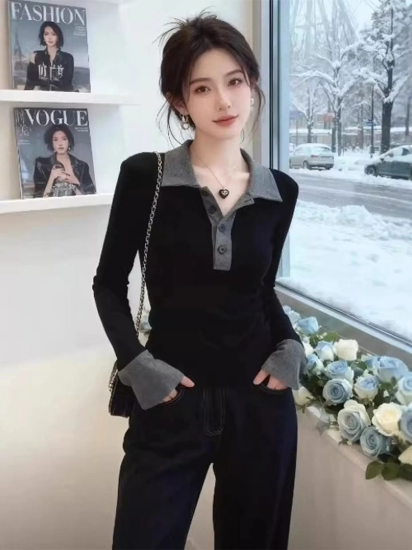 

Bla Collar Long Sve Slim Fit T-irt Women's Spring 2026 plus Size Faionable Top Casual Sle Regular Length