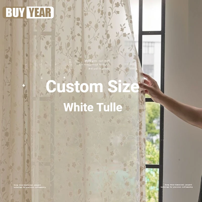Luxury White Tulle Gauze French Cream Embossed Jacquard Curtains for Living Dining Room Bedroom Custom Size Fashion Elegant