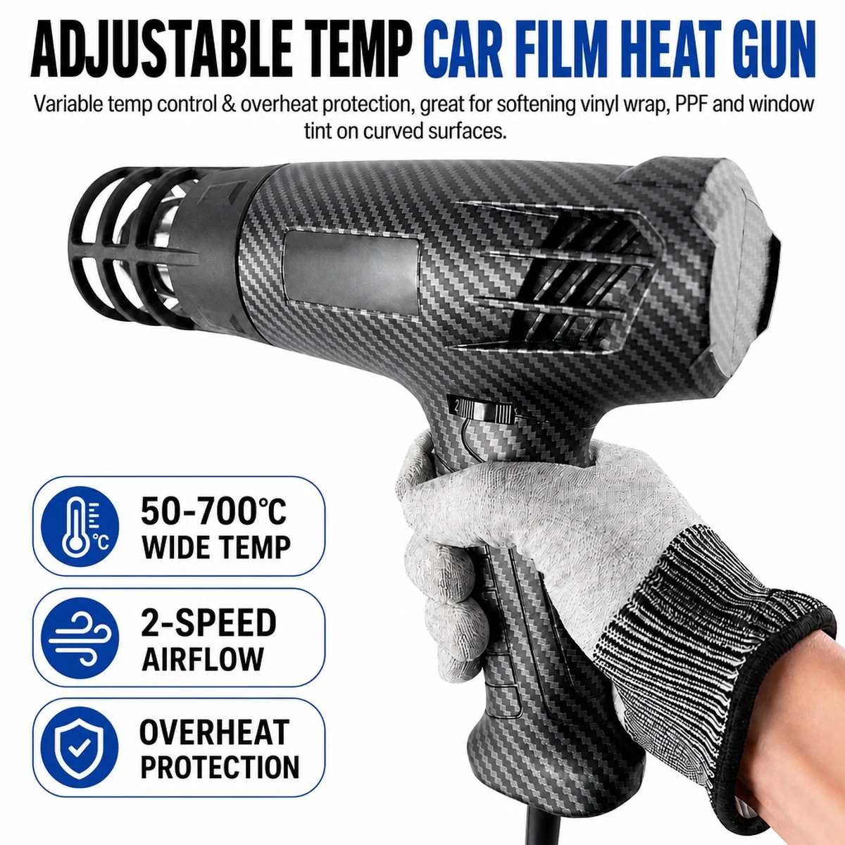 220V Variable Temp Heat Gun Handheld Hot Air Blower Overheat Protection for Car Vinyl Wrap PPF Window Film Installation