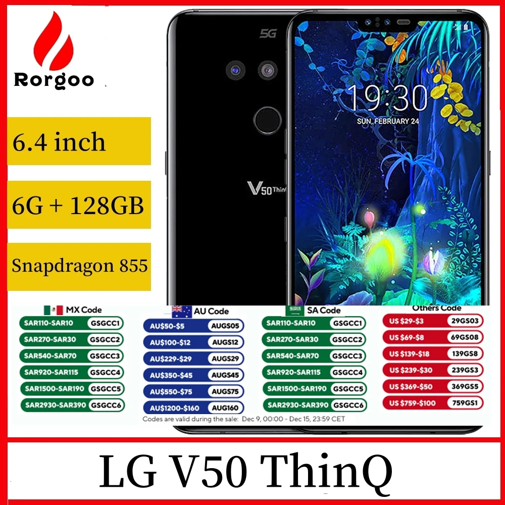 LG V50 ThinQ 4G LTE 5G Cell Phone 6.4' 6GB +128GB ROM Dual Front Triple FingerprRear Camera Unlocked Original Mobile Phone