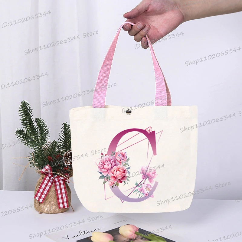 

1Pcs Women Color Blocking Handbags Purple Flower Alphabet A-Z Pattern Teenage Picnic Pouch Vintage Pop Letter Canvas Tote Bags
