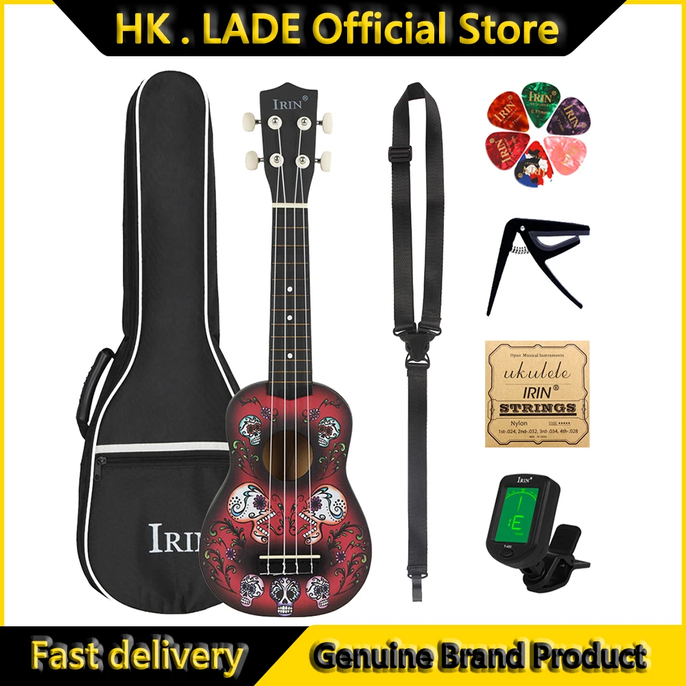 IRIN-ukelele de 4 cuerdas, Guitarra hawaiana con Calavera, con bolsa, afinador de cuerdas, púas, piezas y accesorios de Guitarra, 21 pulgadas