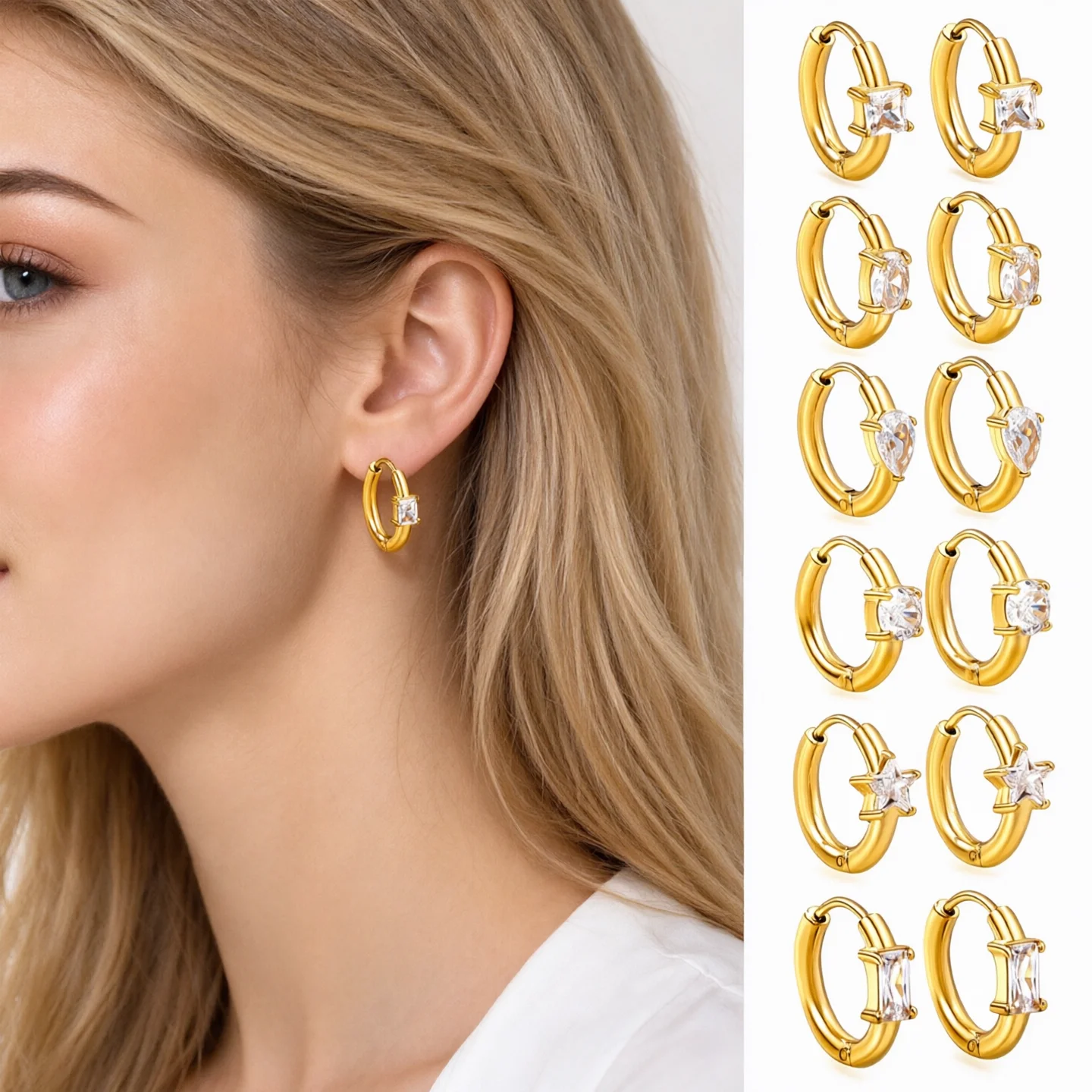 1 Pair Geometric Zircon Inlaid Ear Buckles, French Light Luxury Minimalist Versatile Stainless Steel Earrings for Women