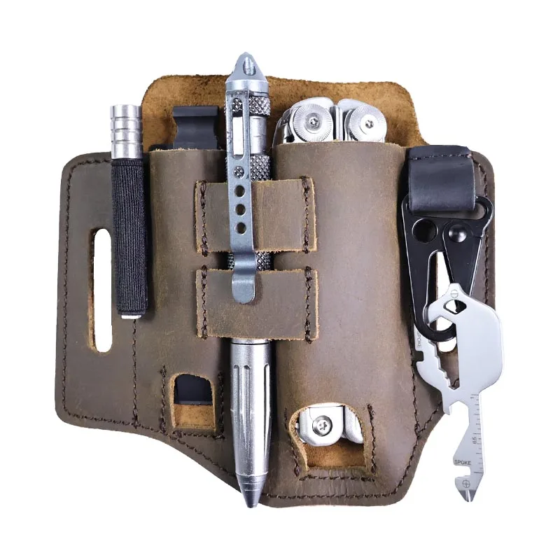 Outdoor Work Multitool Holder Sheath Tactical Fanny Pack, Genuine Leather EDC Organizer, Folding Knife Tool, Waist Belt Bag