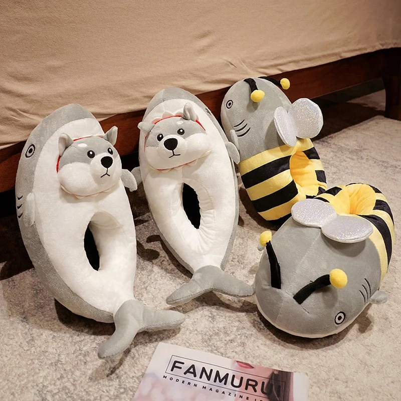 Cute Shark Bees&Shark Dog Slippers Women Shoes Winter Slippers Indoor House Shoes Warm Plush Slipper Couples Home Slides Footwea