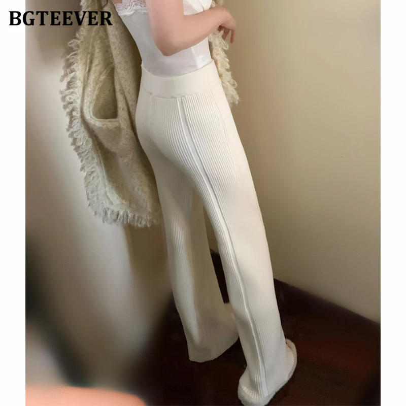 BGTEEVER Autumn Winter Floor-Length Women Wide Leg Knitted Pants Casual High Waist Lace-up Women Solid Straight Sweater Trousers