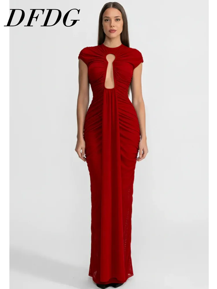 DFDG Women's Summer Red Cutout Ruched Maxi Dress Short Sleeve Bodycon Elegant Party Formal 2025 Trendy Feminine Fashion Dress