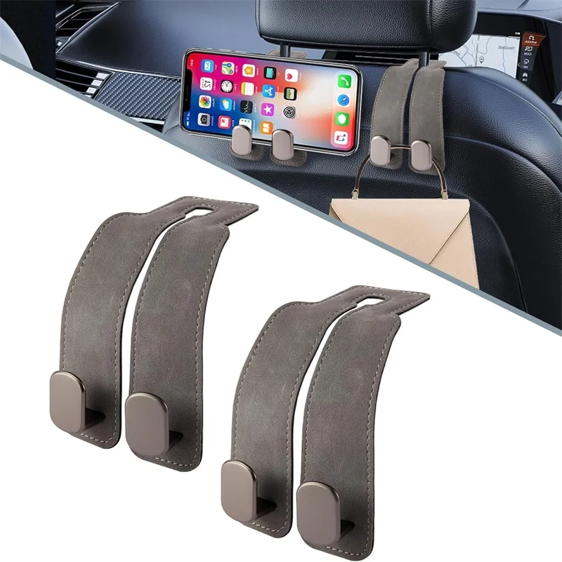 Gancio per schienale per seggiolino auto Doppio gancio in pelle scamosciata per accessori interni per auto Gancio per gancio per auto in metallo multifunzionale Supporto per telefono