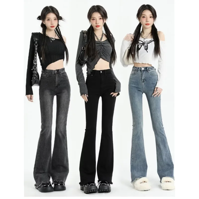 Y2k Gray Skinny Flared Jeans for Women Spring Autumn New High Waist Slim Pants Retro Street Style Denim Trousers Female Clothes