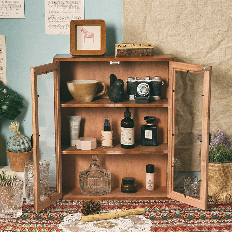 Vintage Handcrafted Storage Cabinet Multi-Layer Wooden Organizer Tea Set Display Cabinet Decorative Two-Door Storage Unit