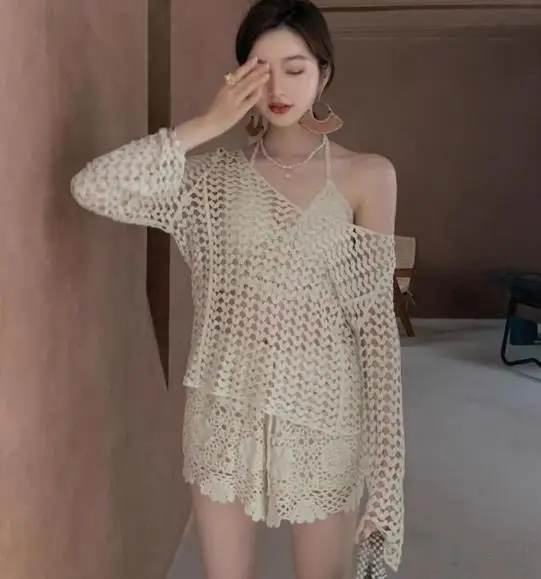 

Seaside Holiday Fashion Suits Women's Hollow Out Crochet Sets Women Holiday Beach 3pc Sets