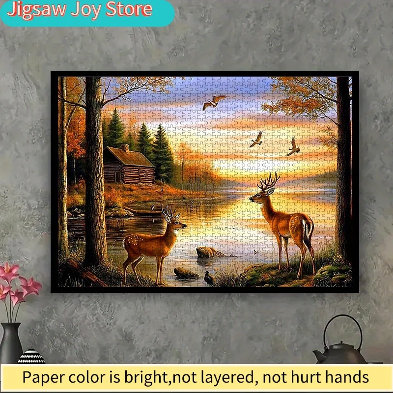 1000pcs DIY Paper Puzzle, Forest Lake Deer and Bird Sunset High-Quality White Card Material, Suitable for Parent-Youngsters Pu