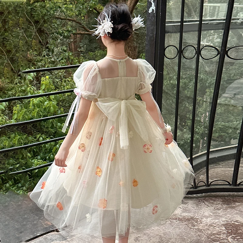 2025 New Petal Back Bow Girl's Mesh Princess Skirt Round Neck Children's Castle Party Dress Summer Baby Cake Skirt Wedding Dress