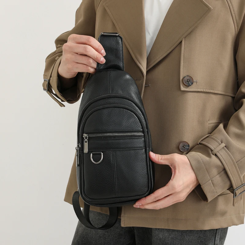 Men's Premium Genuine Leather Black Chest Bag Minimalist Luxury Crossbody Bag Retro Trendy Sports Casual Bag for Daily Use