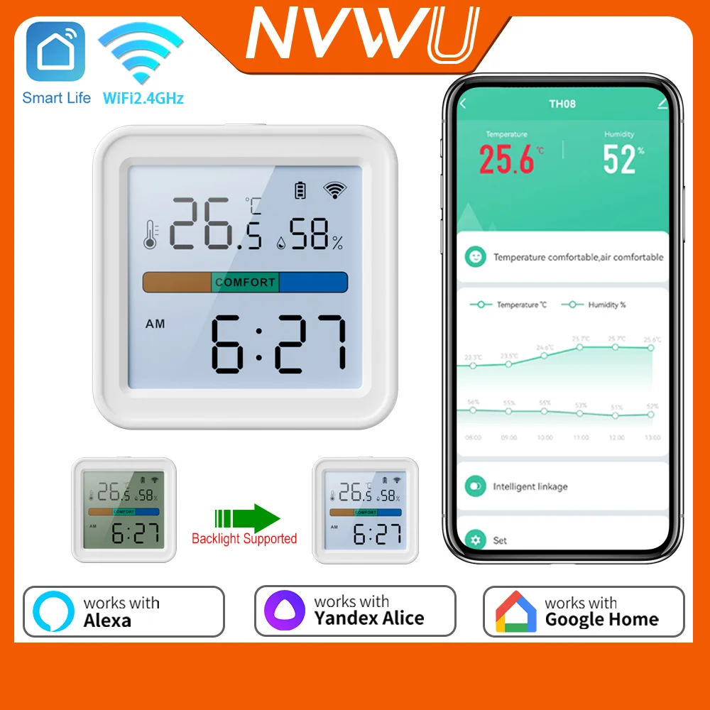 Tuya WiFi Temperature Humidity Sensor Backlight Hygrometer Thermometer TH08B Work With Tuya Smart Life Yandex Alice Alexa