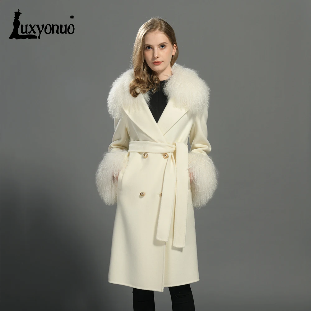 Luxyonuo Women's Wool&Blend Coat Real Mongolian Sheep Fur Collar and Cuff Ladies Fall Winter Fashion Full Sleeve Trench Coat New