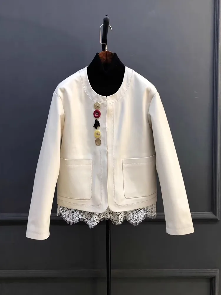 Chaqueta de cuero genuino para mujer, bolsillo con botones de encaje, cuello redondo, manga larga, piel de oveja Natural, para oficina, holgada y elegante, primavera y otoño