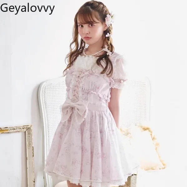 

Japanese Sweet Floral Bow High Waist Short Dress Mine Mass Production Off-the-shoulder Chiffon Ruffle Edge Bubble Sleeve Dresses