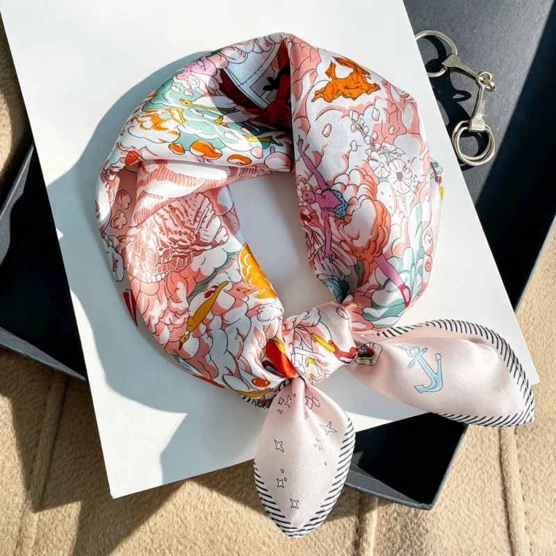100% Mulberry Silk Square Scarf Surreal Fairy Tale Print Nude Pink Neck Scarf Elegant Ladies Multi-purpose Headscarf Bandana