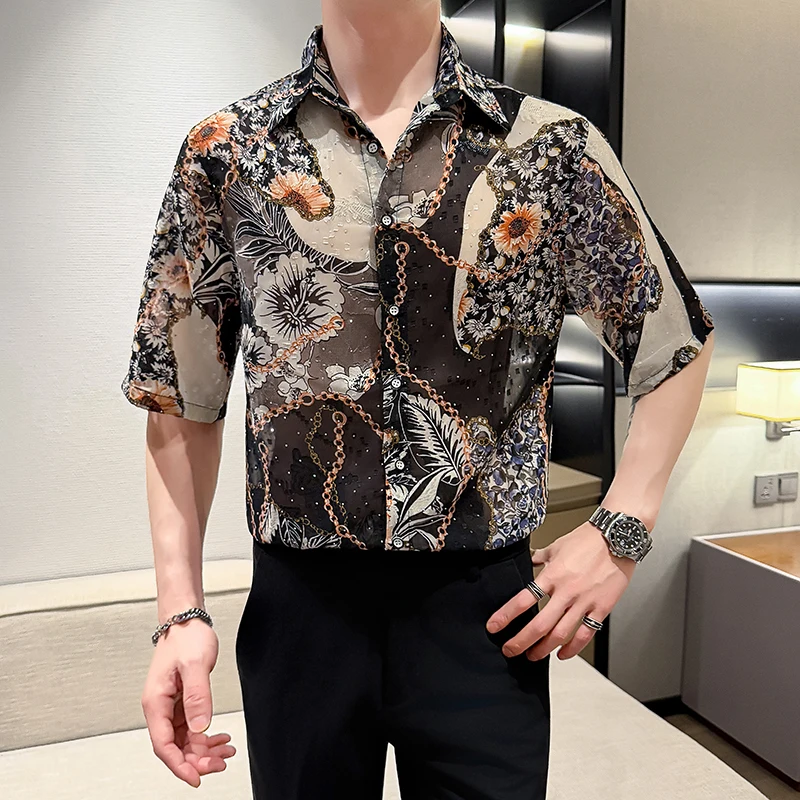 Luxury See Through Lace Men Floral Shirts Elegant Flower Printed Short Sleeve Man Shirt Fashion Stage Party Chemise Homme 4XL