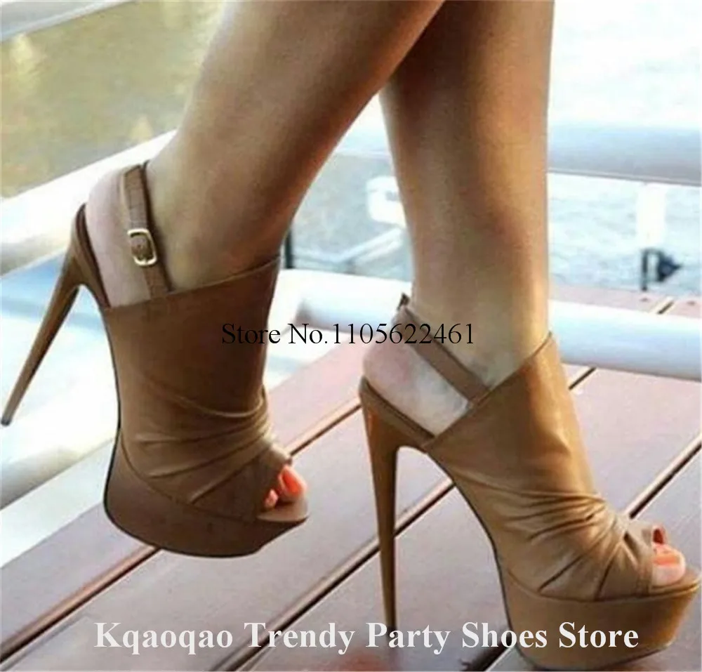 Kqaoqao Fashion Brown Matte Leather Stiletto Heel Pumps Peep Toe Cut-out High Platform Thin Heel Party Shoes Big Size High Heels