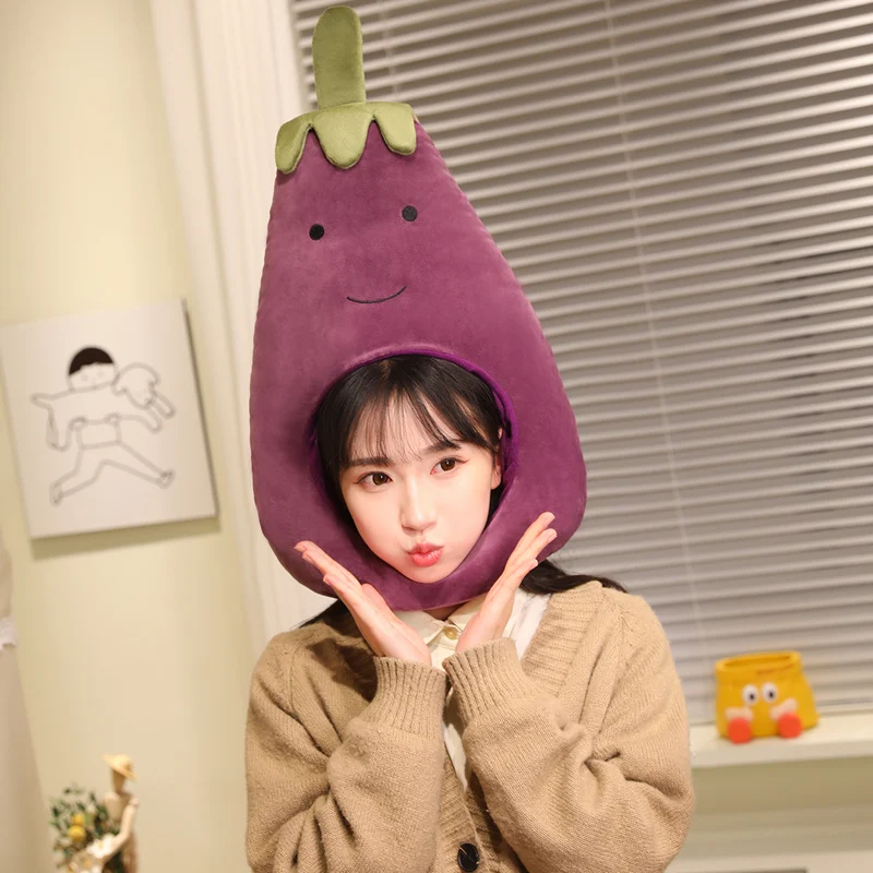 Realistic Funny Eggplant Plush Head Mask Soft Fluffy Head Cover Halloween Cosplay Prank Prop Carnival Party Costume Headgear