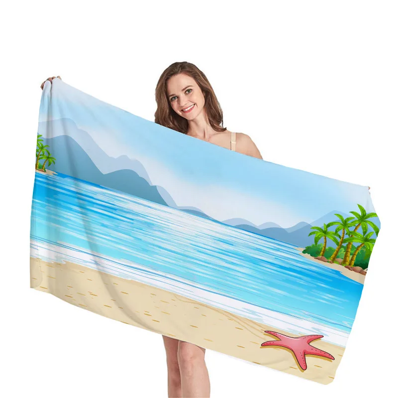Beach with coconut trees digital-printed polyester Superfine fiber double-sided fleece Beach vacation bath towel, beach towel