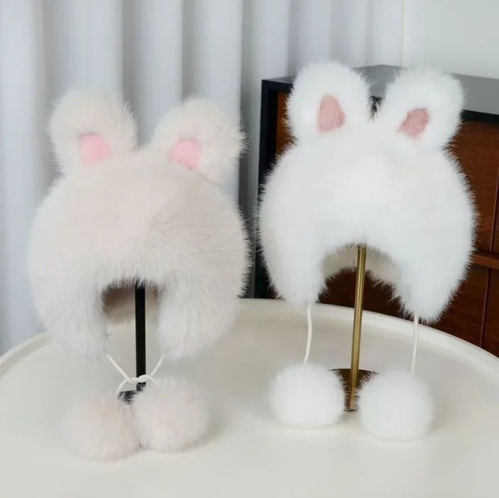 قبعة أذن أرنب دافئة من القطيفة للنساء شتاء نمط جديد النسخة الكورية قبعة حماية الأذن العلوية هدية رائعة على الطراز الياباني