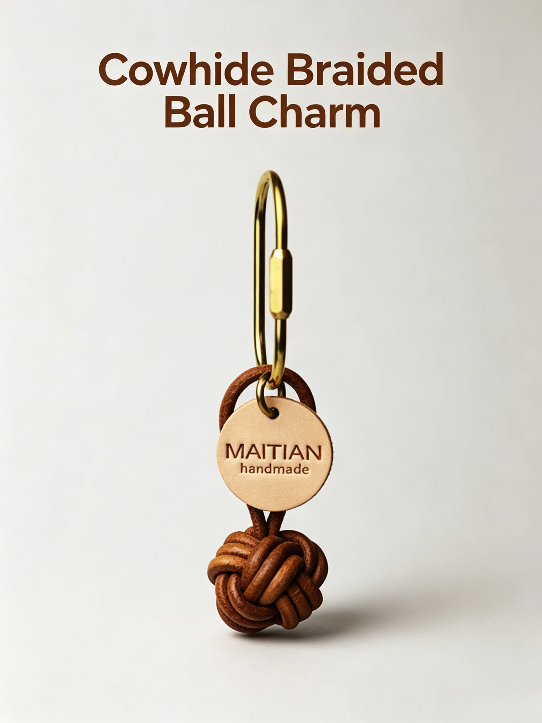 Handmade Vintage Cowhide Braided Ball Keychain, Minimalist Leather Woven Bag Charm, Stylish Car Key Accessory, Couple Gift