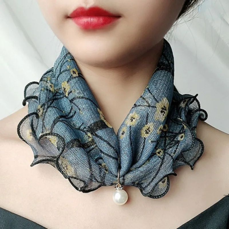 Lace Pearls Scarf Wood Ears Gold Color Thread Lace Variety Lady Neck Hair Chiffon Scarves Spring Summer Scarf Mother\'s Day Gifts