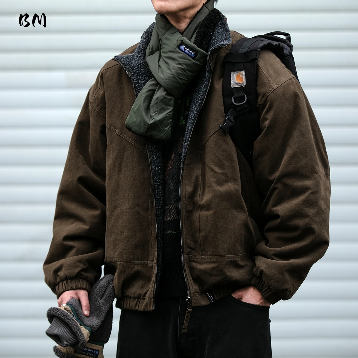 

Mens Winter Short Style Maillard Reversible Fleece Jacket Stand Collar Loose Fit Windproof Warm Streetwear Casual Outerwear Coat