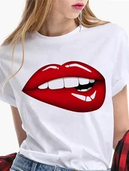 Woman's T-shirt Blouse Fashion Sexy Red Lip Tops Funny Kiss  Short Sleeve Female White Harajuku Clothes Streetwear Tops Y2k