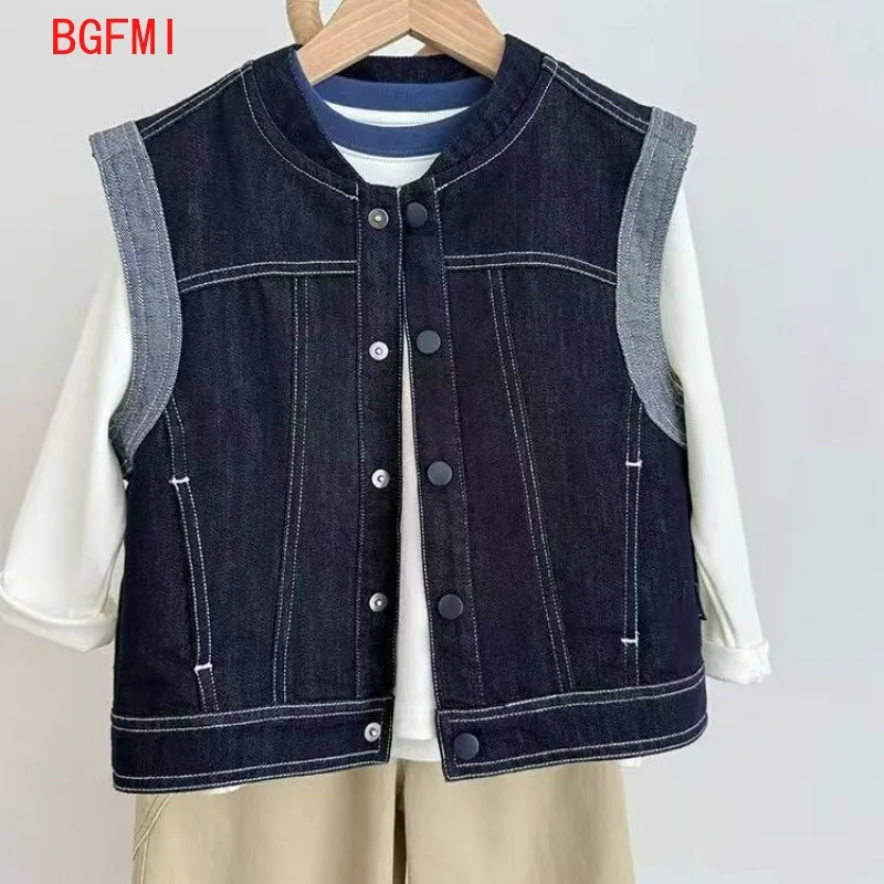 4-11Y Boys Denim Vest for Inner Wear Teenagers Big Girl kid Casual Windproof Round Neck Waistcoat Vest for Bright Line Outerwear