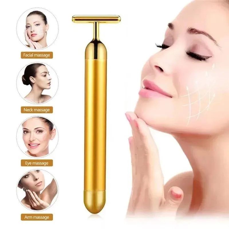 Energy 24K Gold T Beauty Bar Facial Roller Massager T-Shape Lips Tattoo Fog Eyebrow and Lip Pulse Firming Face Massage Lift Tool